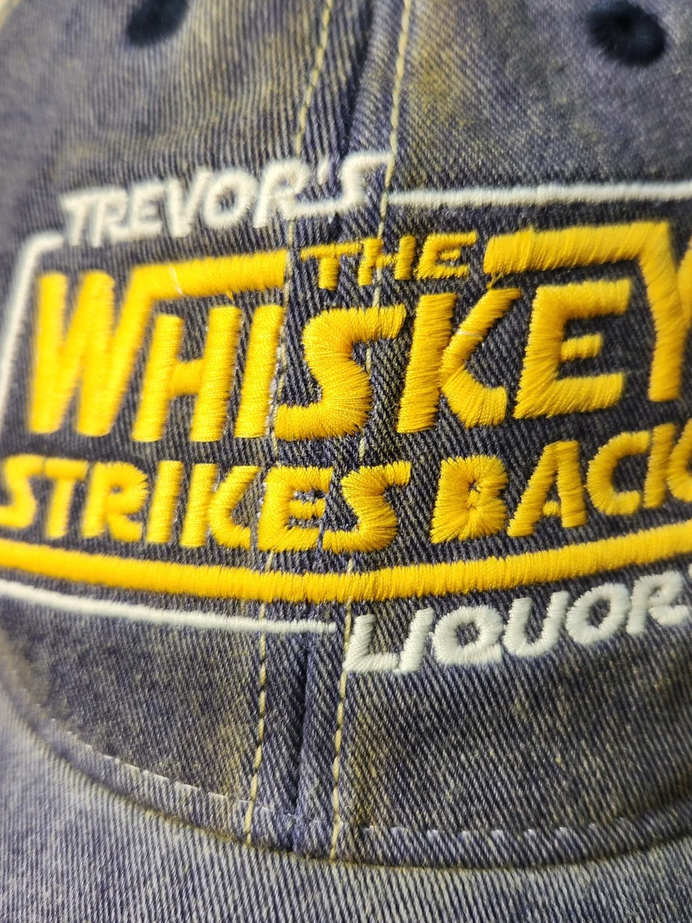The Whiskey Strikes Back Embroidered Trucker Hat - Navy & Tan Distrested
